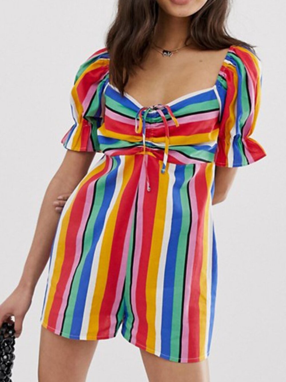 NWT ASOS Rainbow Stripe Playsuit Romper Size 12 Puff Sleeve